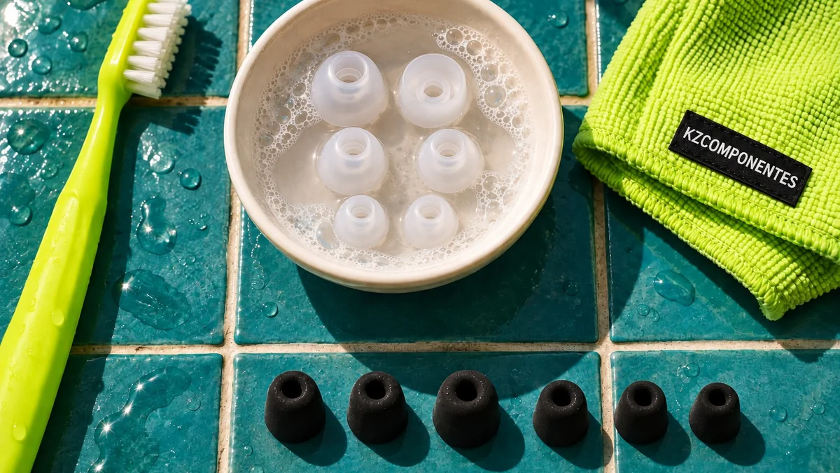 Almohadillas de silicona en agua con jabón, cepillo, paño y almohadillas de espuma