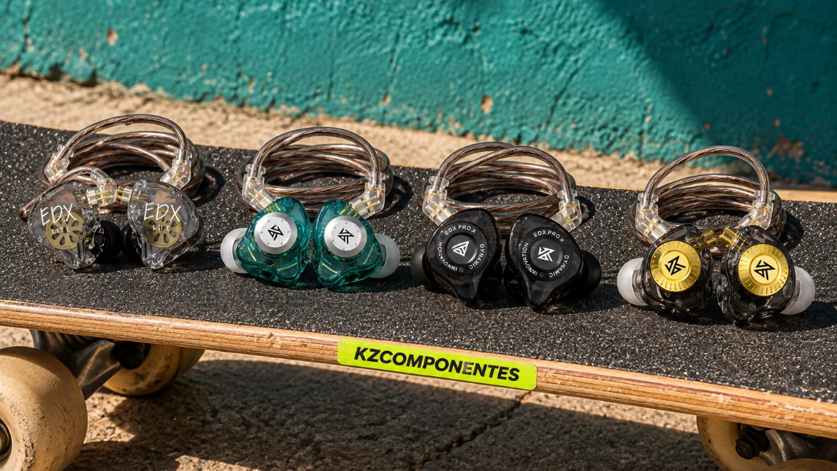 Four KZ EDX earphones lined up on a skateboard