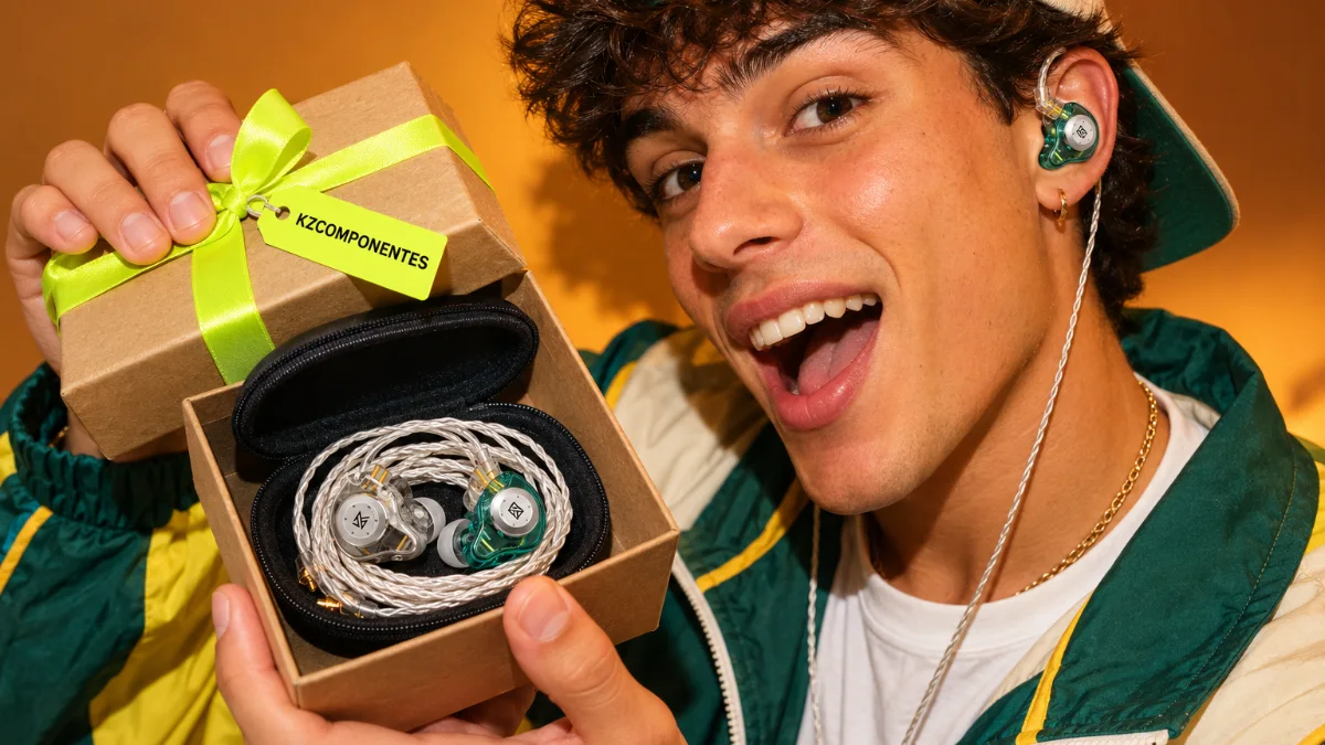Surprised man opening a gift box with KZ earphones in their case