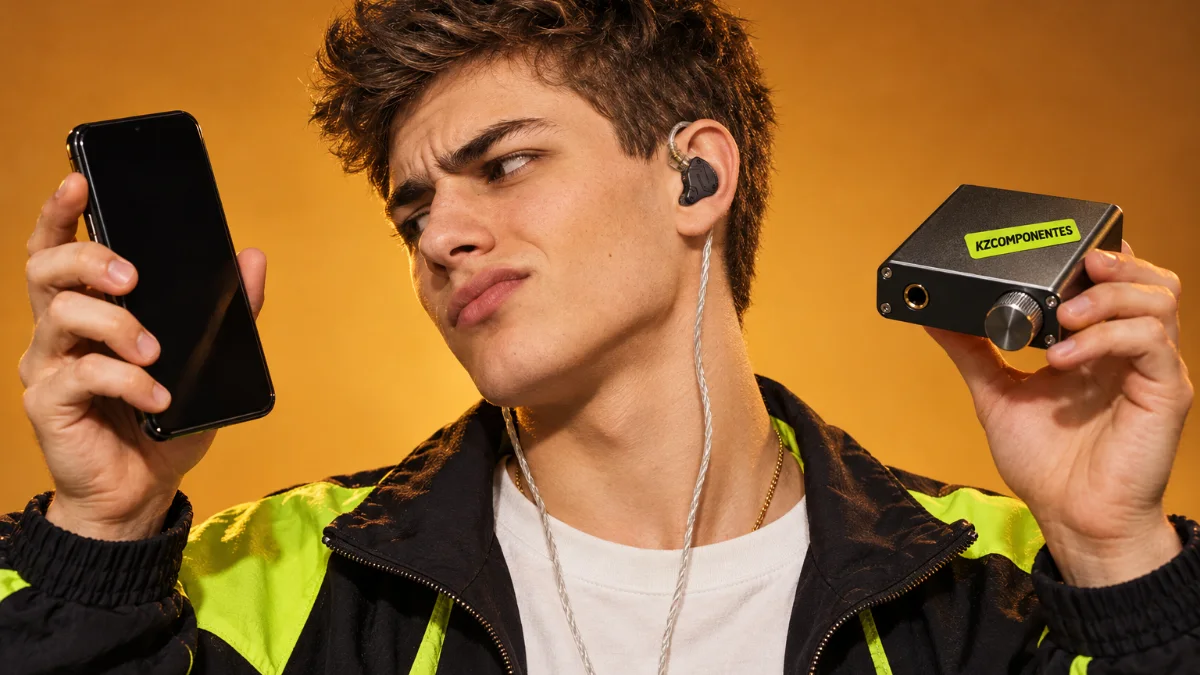 Chico con auriculares KZ comparando un móvil y un amplificador portátil