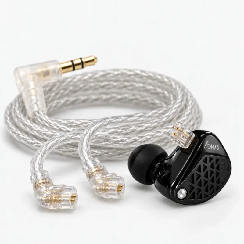 Cable plateado del KZ AM16 con sus conectores de 2 pines y jack de 3,5 mm