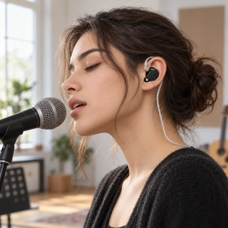 Cantante ensayando con los KZ AM16 puestos y el cable por detrás de la oreja