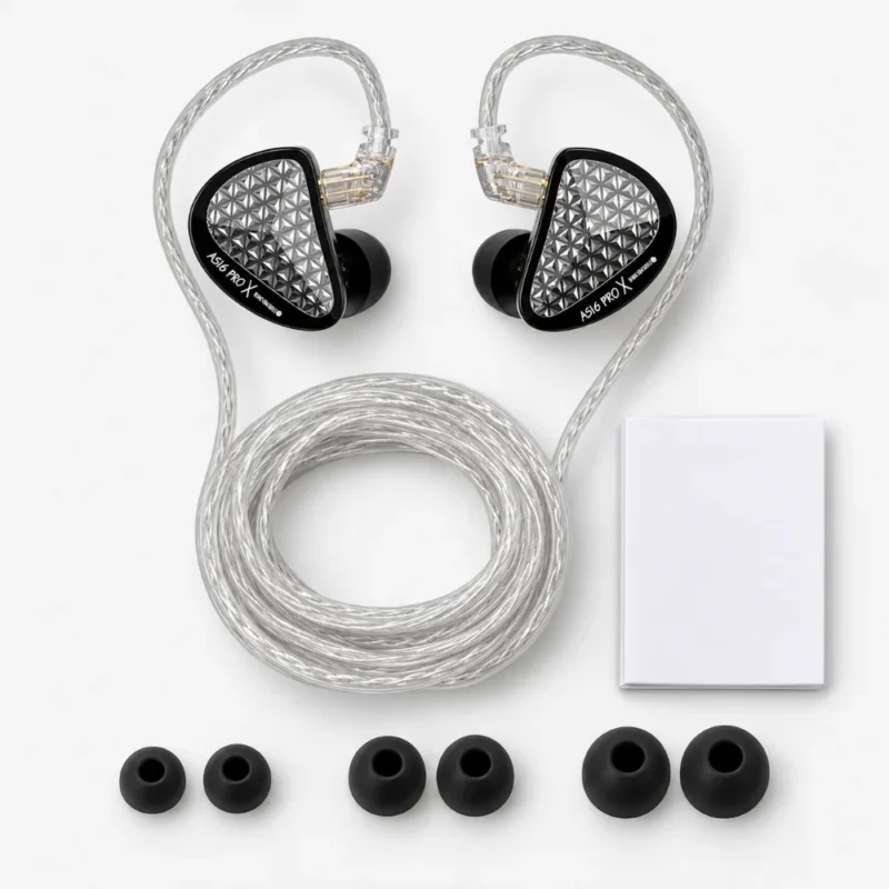 Contenido de la caja del KZ AS16 Pro X: auriculares con el cable plano, almohadillas en tres tallas y manual
