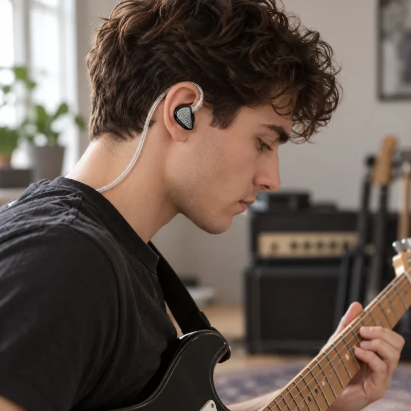 Guitarrista ensayando con los KZ AS16 Pro X puestos y el cable por detrás de la oreja
