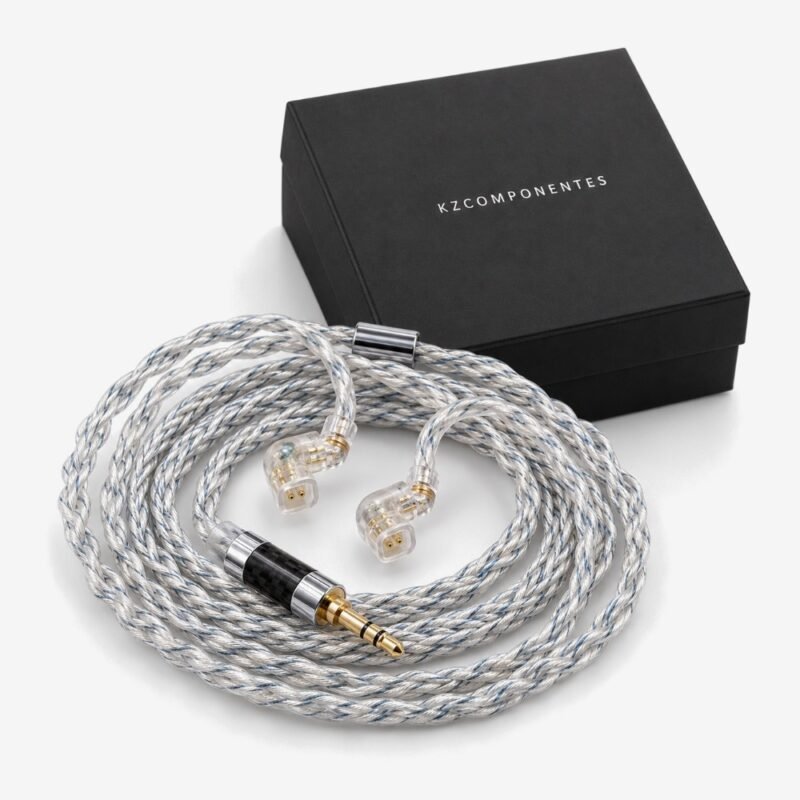 Cable KZ de 8 hilos azul y plata junto a la caja KZCOMPONENTES