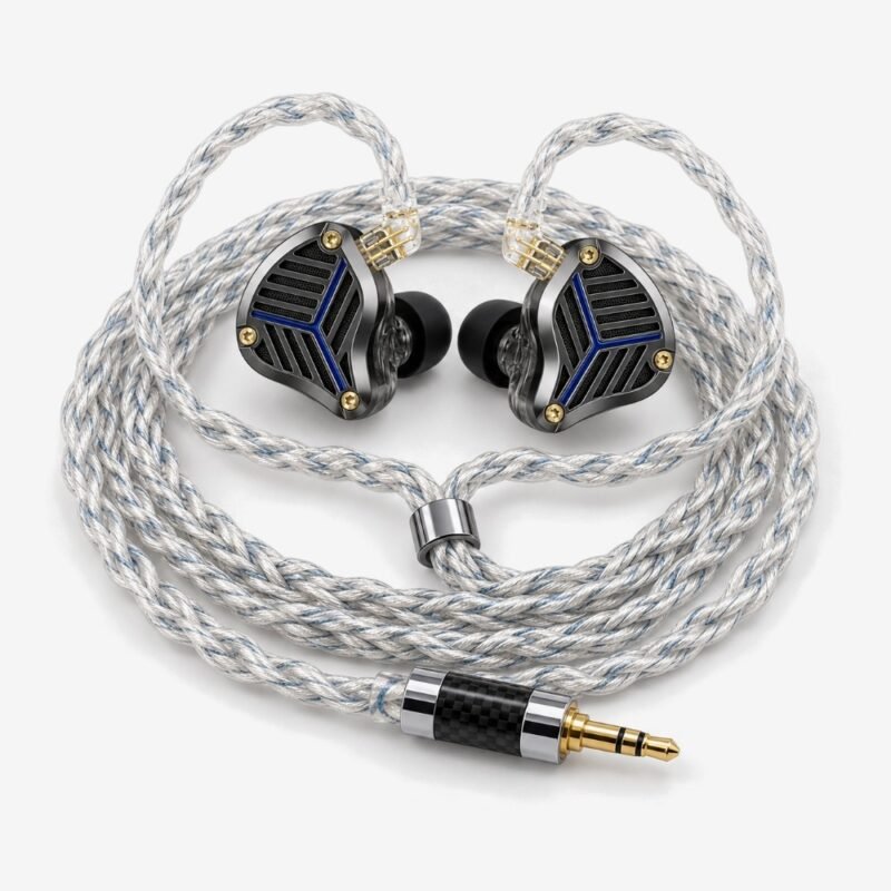 Cable KZ de 8 hilos azul y plata conectado a unos auriculares KZ PRX