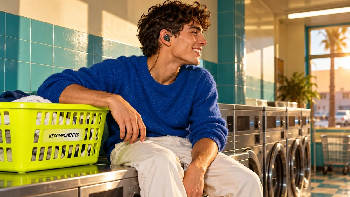 Young man wearing KZ DQS earphones sitting in a launderette
