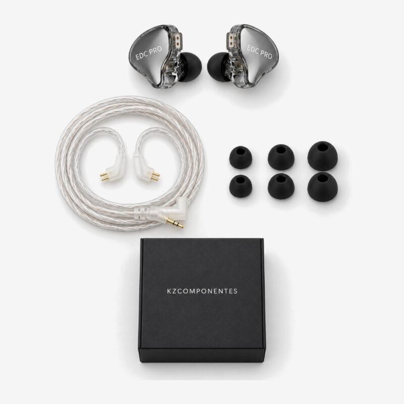 Contenido de la caja del KZ EDC Pro: auriculares, cable, almohadillas y caja