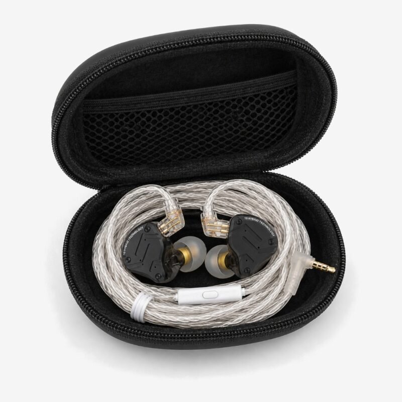 KZ hard carrying case, open, with earphones and their cable inside