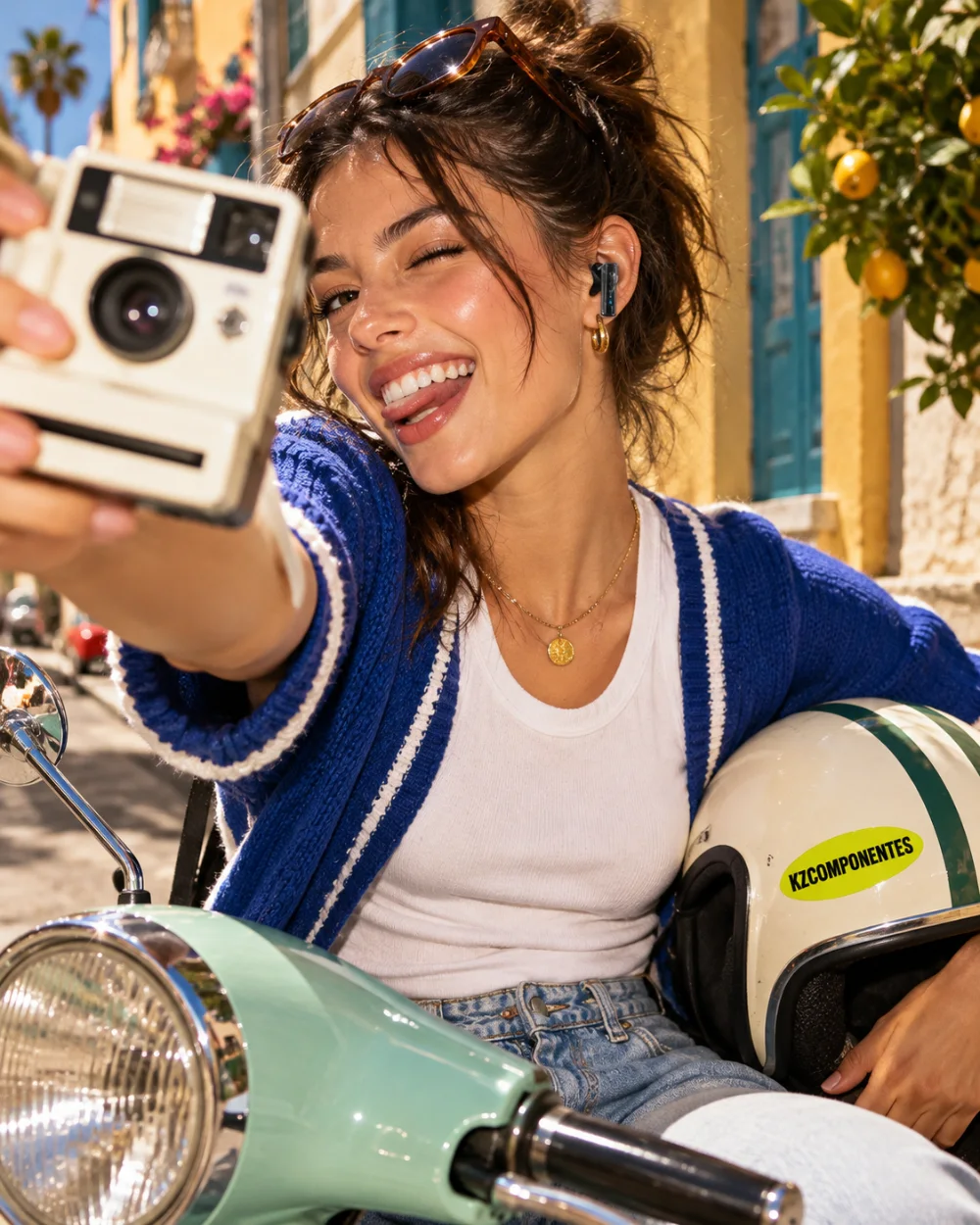 Chica en una moto con auriculares Bluetooth KZ y una cámara instantánea
