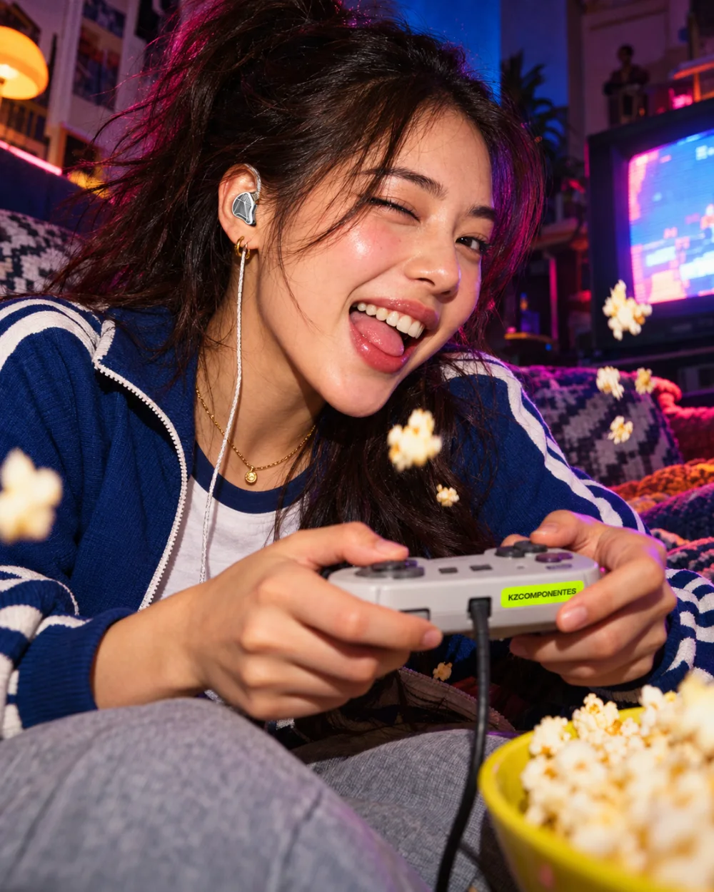Chica jugando con auriculares KZ para gaming y palomitas