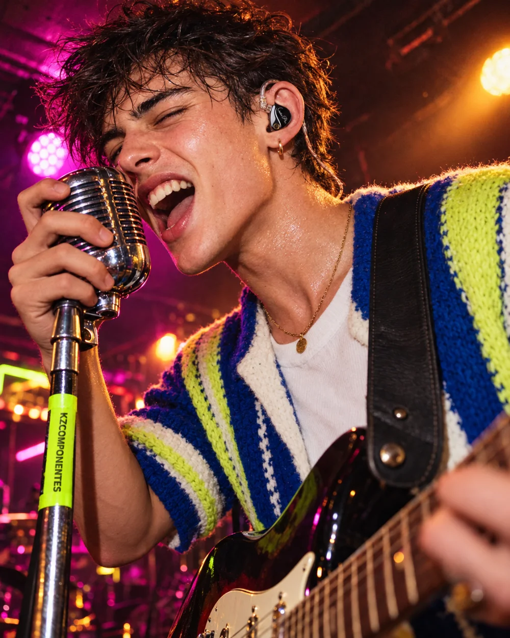 Cantante con guitarra y auriculares KZ en un escenario