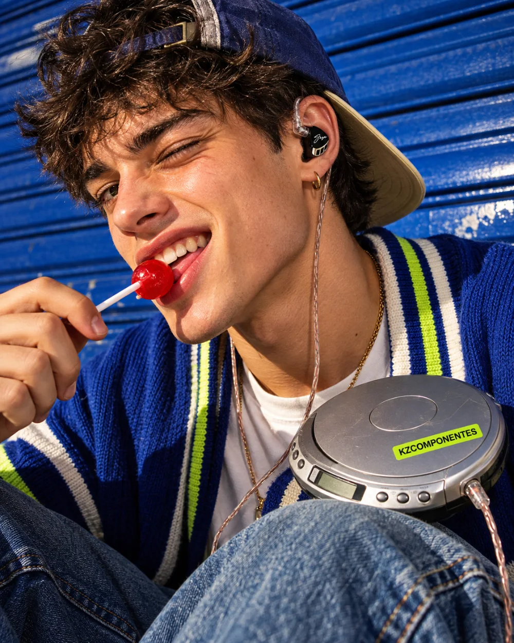 Chico con auriculares KZ y una piruleta junto a un discman