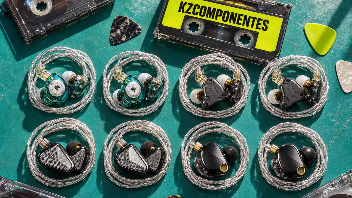 Ocho pares de auriculares in-ear KZ ordenados junto a casetes y púas de guitarra