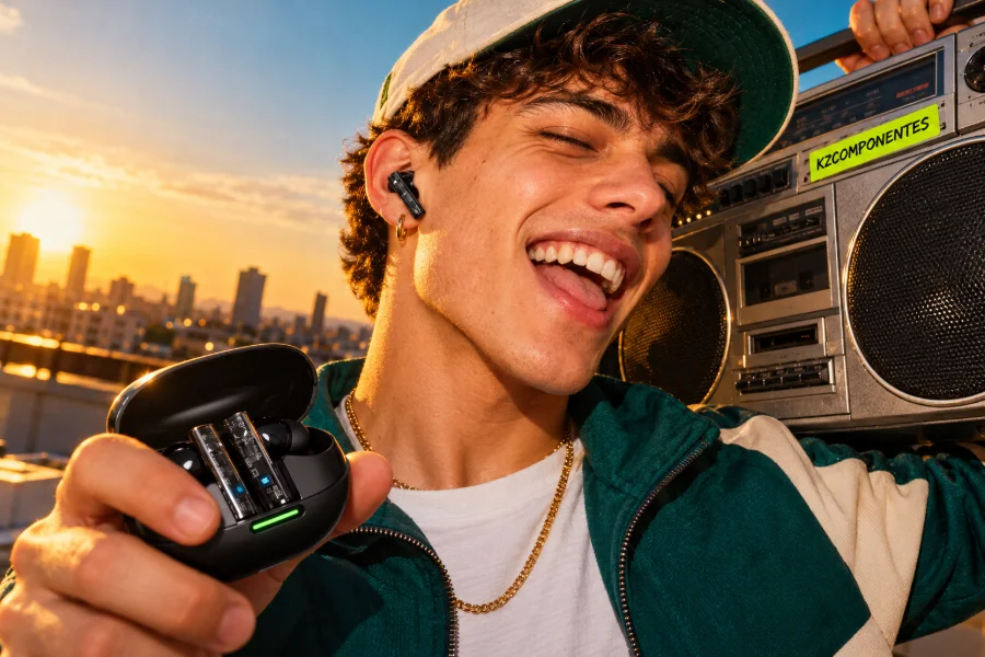 Chico con auriculares Bluetooth KZ y un radiocasete