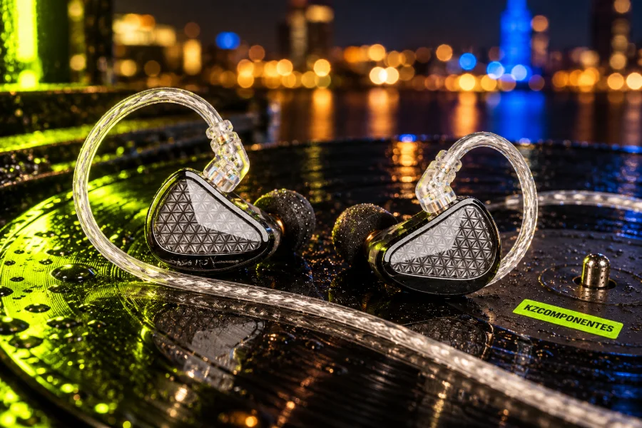 Auriculares KZ sobre un vinilo de noche