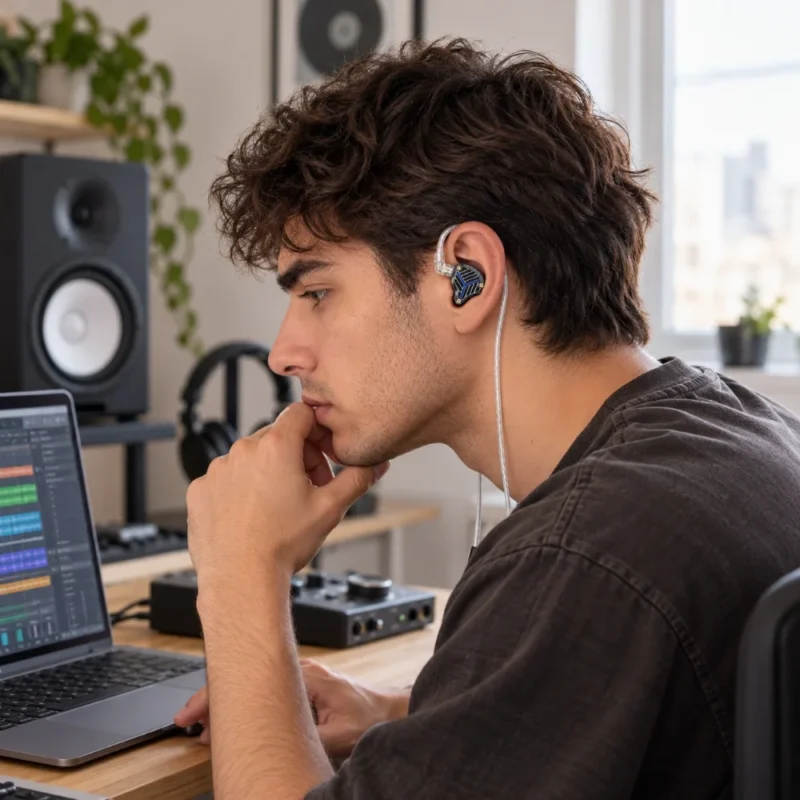 Productor mezclando en su estudio de casa con los KZ PRX puestos