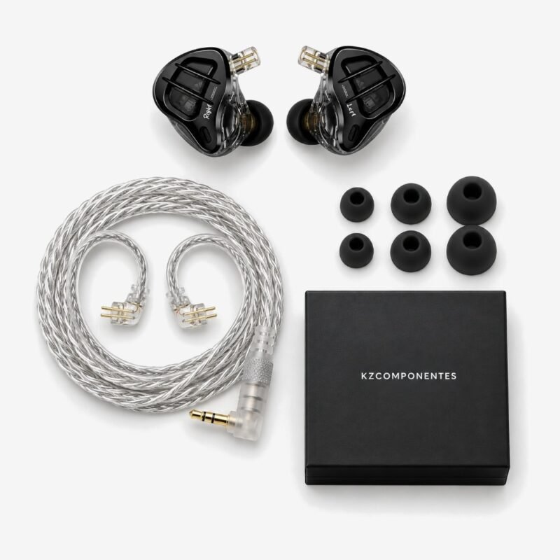 Contenido de la caja del KZ ZAR: auriculares, cable, almohadillas y caja