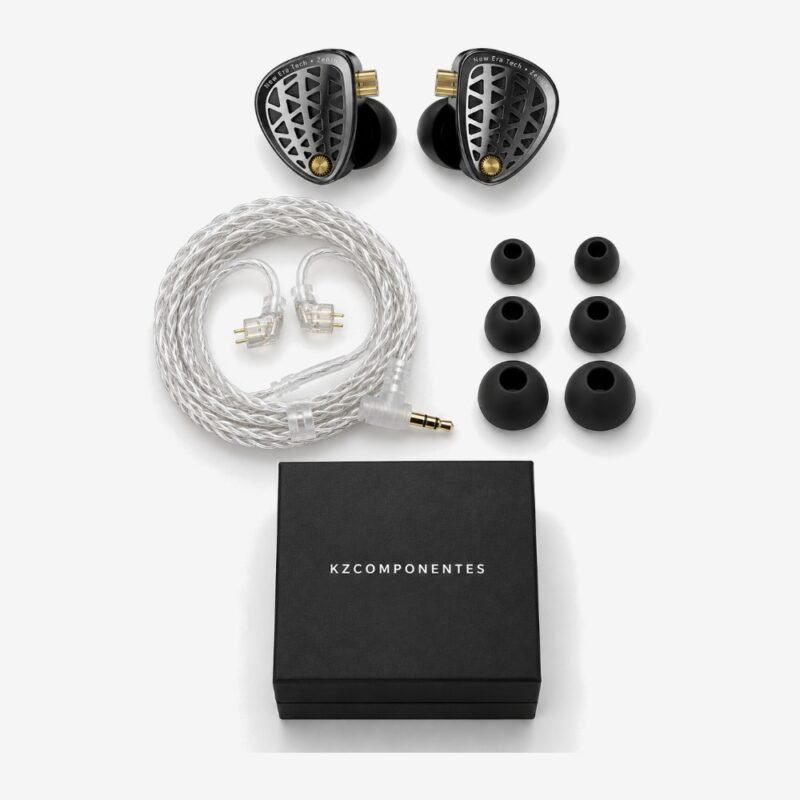Contenido de la caja del KZ Zenith: auriculares, cable, almohadillas y caja