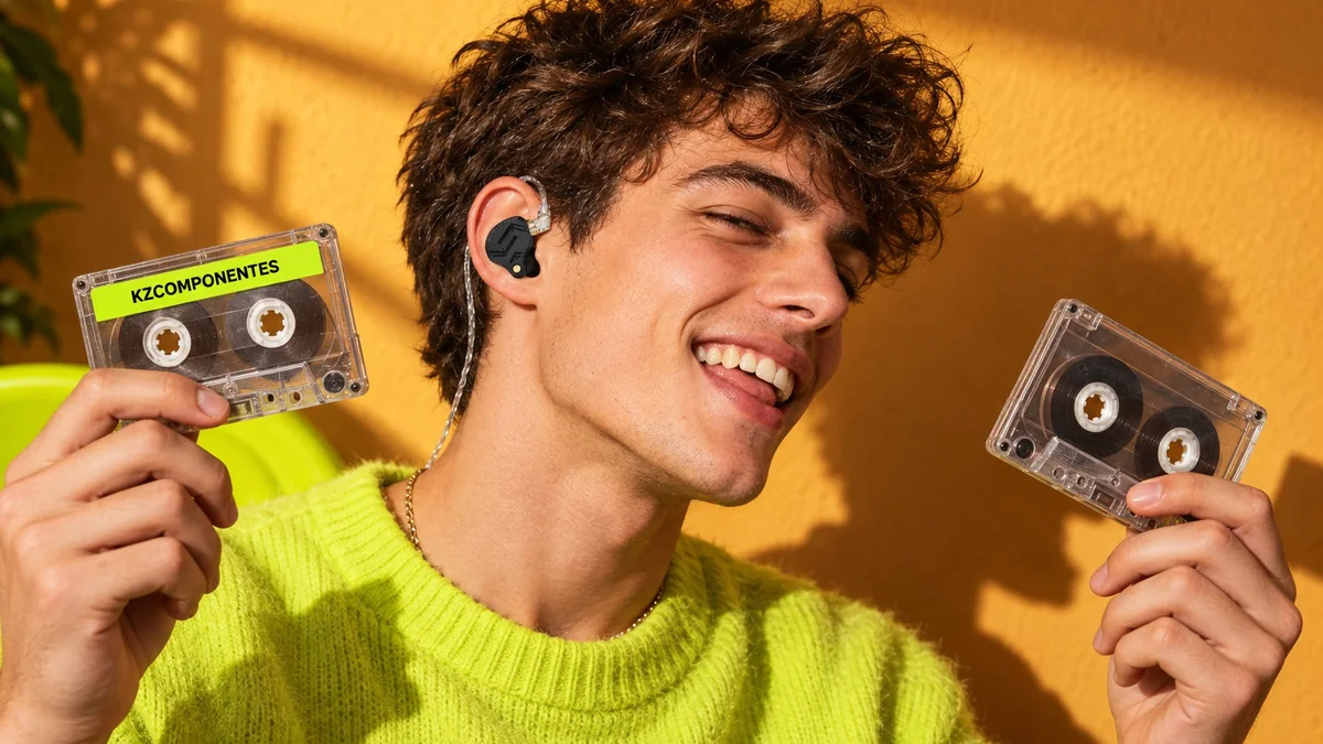 Chico con auriculares KZ ZS12 Pro X eligiendo entre dos casetes