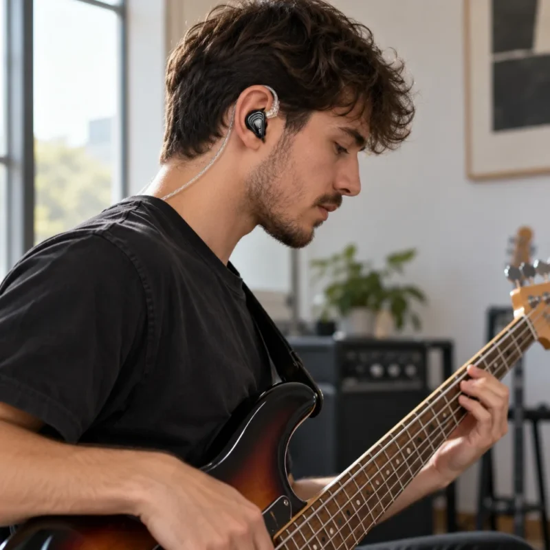 Bajista ensayando con los KZ ZSX Pro puestos y el cable por detrás de la oreja