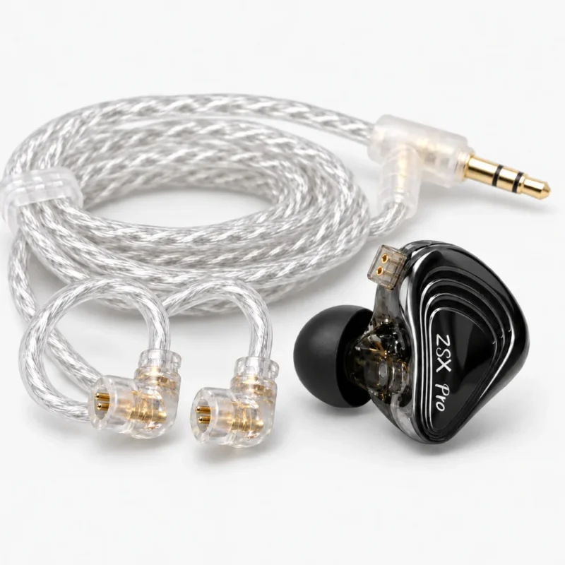 Cable plateado del KZ ZSX Pro con sus conectores de 2 pines y jack de 3,5 mm