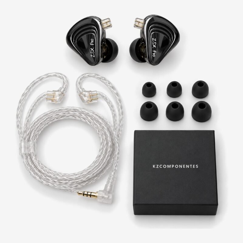 Contenido de la caja del KZ ZSX Pro: auriculares, cable, almohadillas y caja