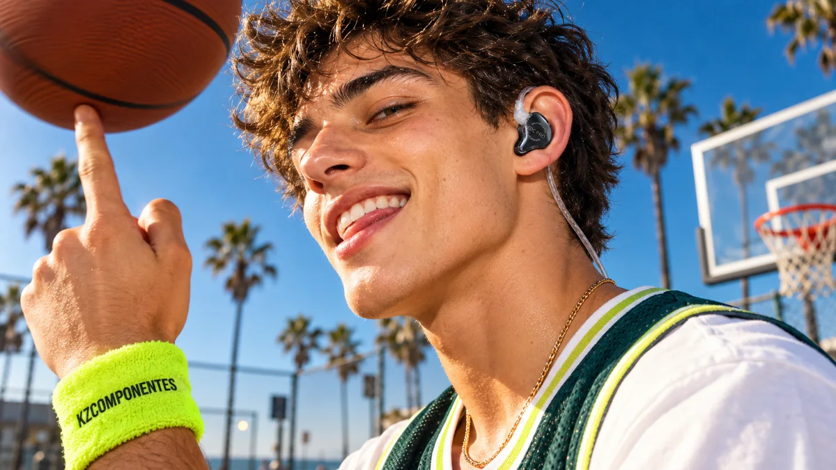 Man wearing KZ earphones spinning a basketball on an outdoor court