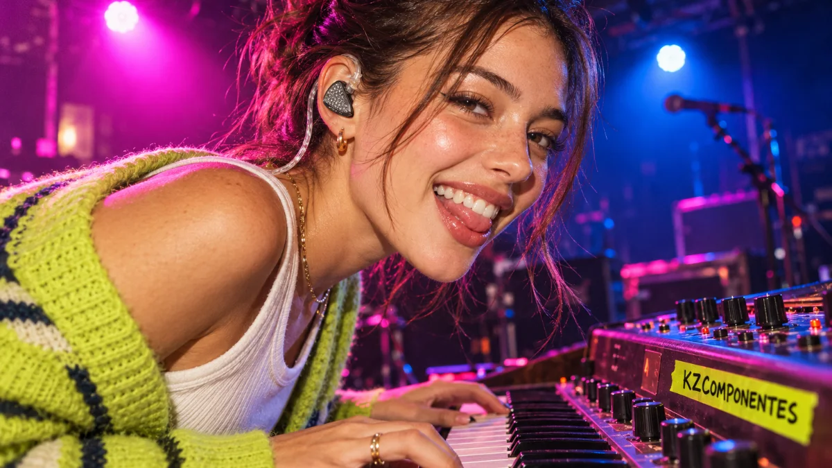 Musician playing a synthesizer live wearing KZ in-ear monitors