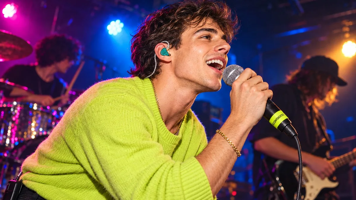 Singer wearing KZ in-ear monitors on a small stage